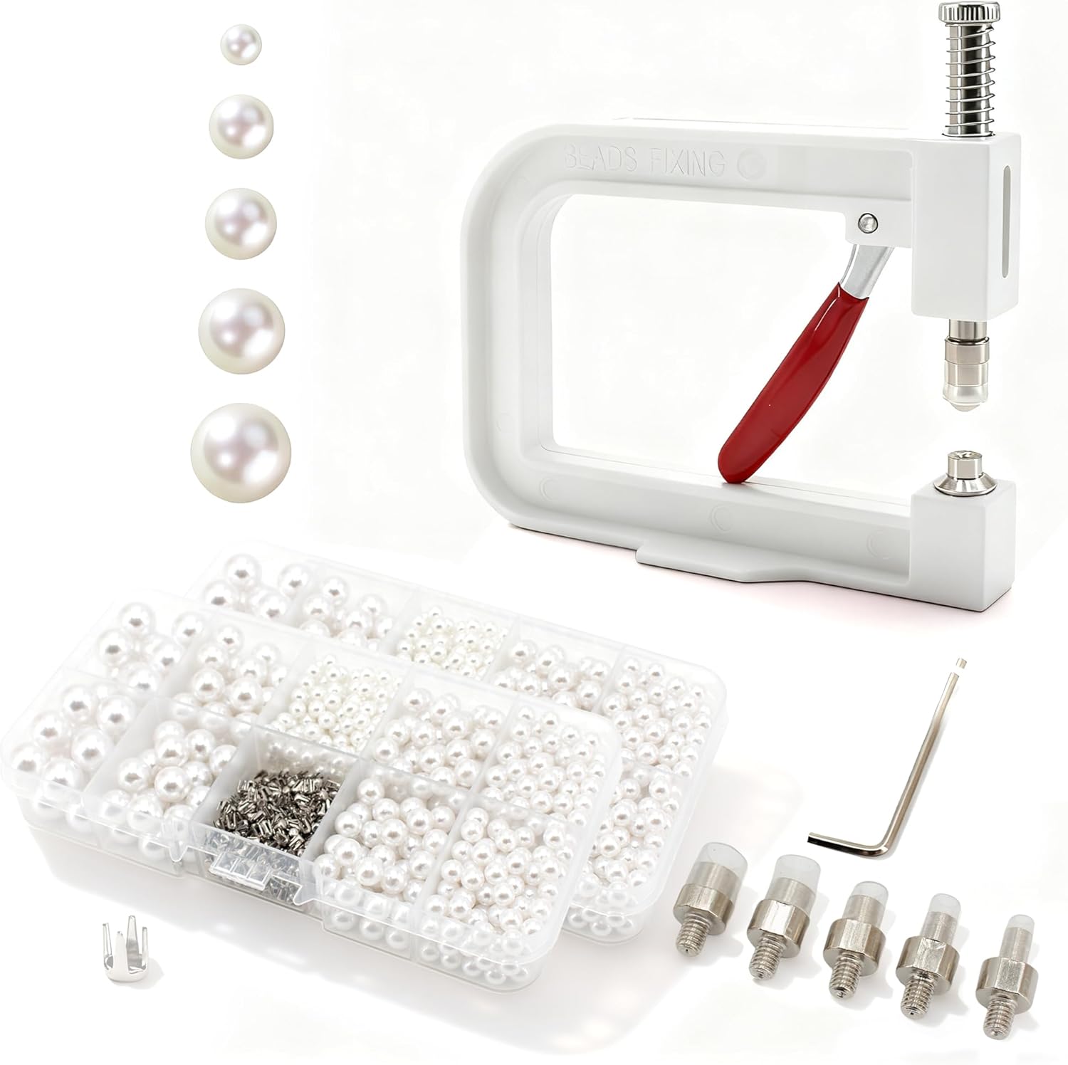 Pearl Setting Machine Hand Press Tools 2 Boxes White No Holes Pearl Beads with Rivet Studs Screw Heads L Hexagon Wrench for Decorating Clothes Hat Trousers Dresses Bag Hair Band DIY Crafts (Pink)