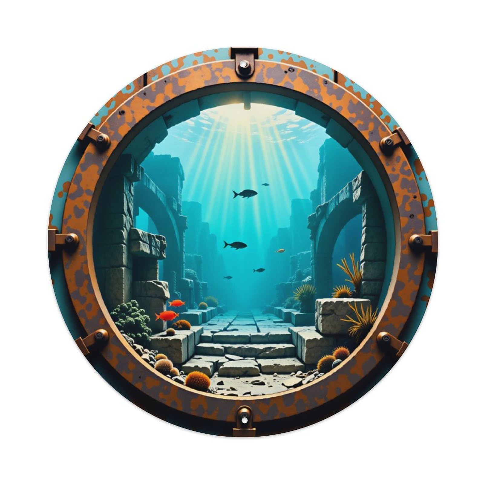 Ldfuieksufg Style Round Camo Porthole Underwater Ancient Ruins Wall Sign Sea Home Decor Vintage Aluminium Metal Sign, Retro Wall Decor For Home, Bar, Garage & Farmhouse 20X20cm