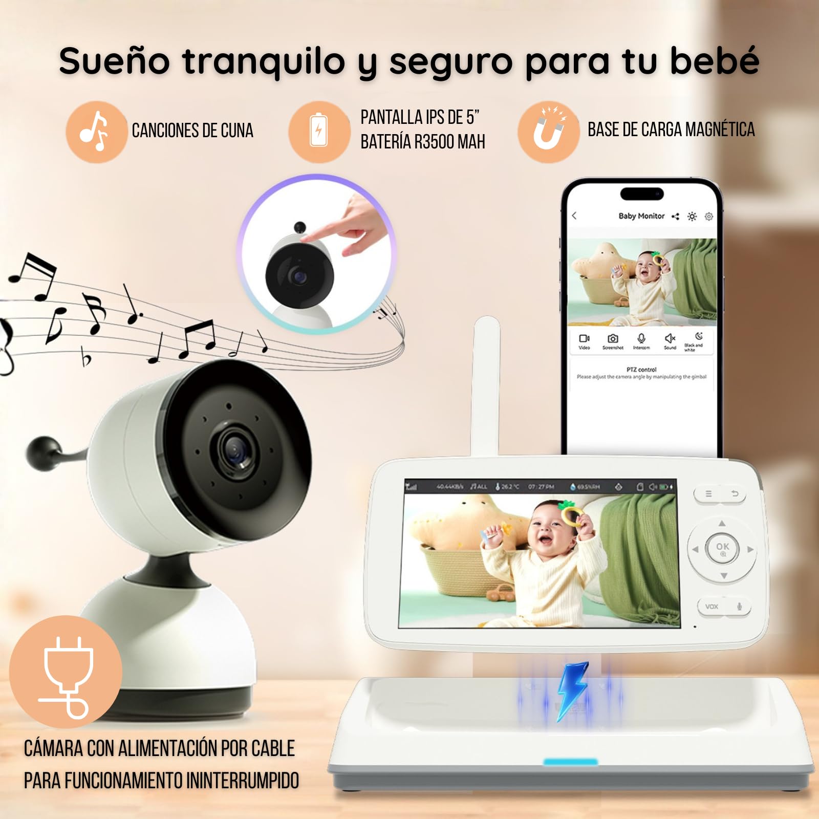 Cámara de vigilancia para bebé PTZ, Full HD 1080P, monitor IPS de 5", audio bidireccional, detección de llanto y movimiento, visión nocturna, VOX, modo Wi-Fi apagado, Wi-Fi remoto, largo alcance 500 m
