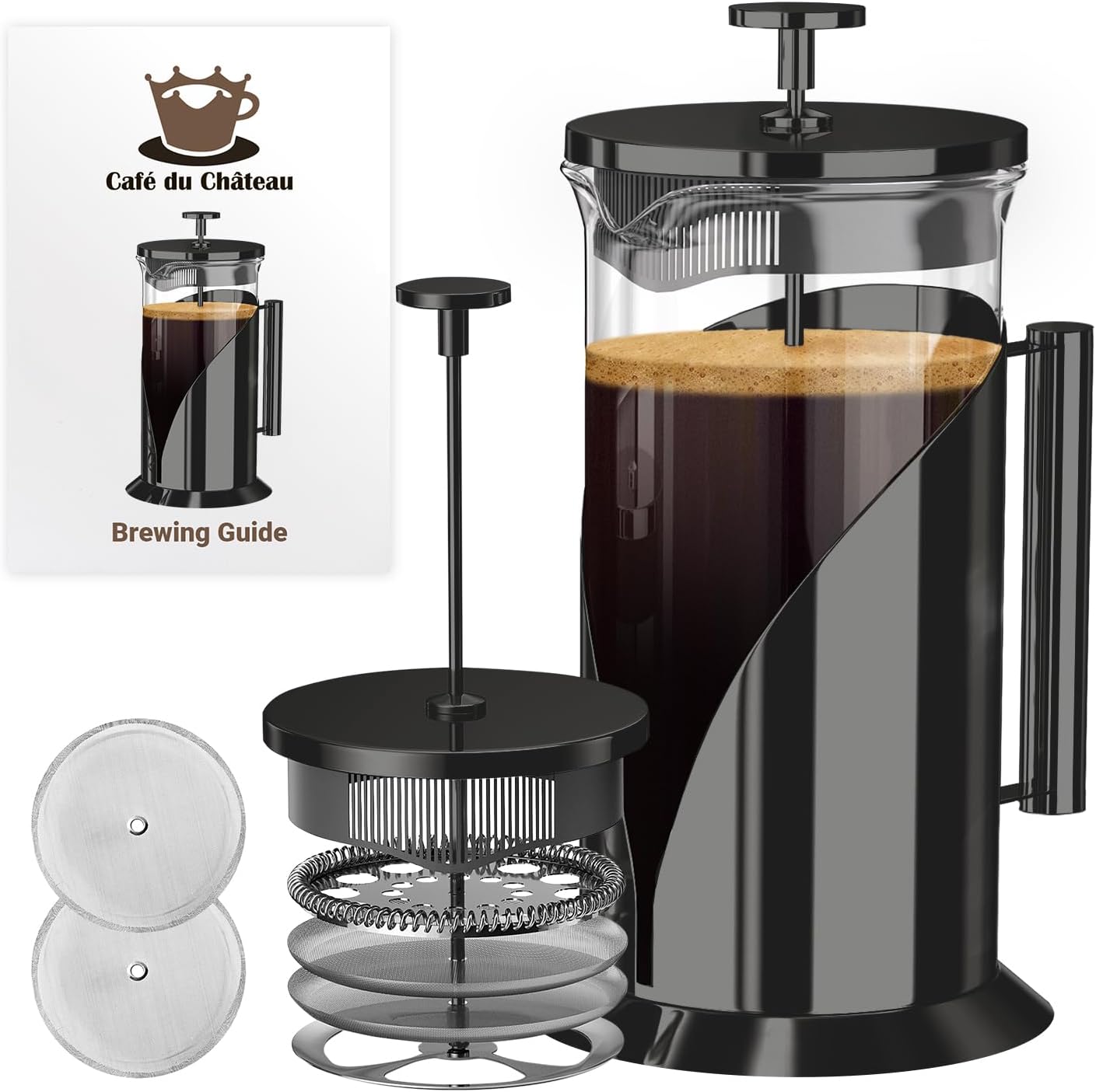 Cafe Du Chateau Stainless Steel French Press Coffee Maker – 34oz Insulated Coffee Press with 4-Level Filtration, BPA Free, Durable Glass, Great for Tea