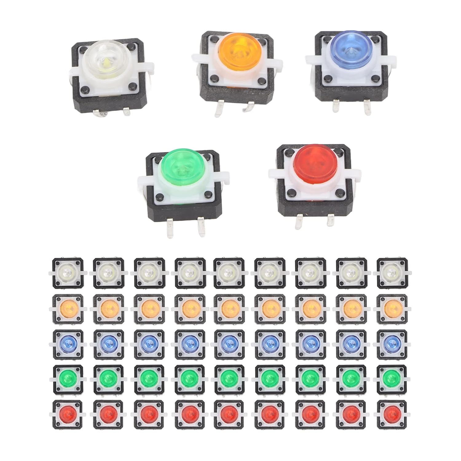 50Pcs Tactile Push Button Switch, Push Button Switches Assortment Kit, Resettable Tactile Switch with LED Lam DC 12V for Electronic Product