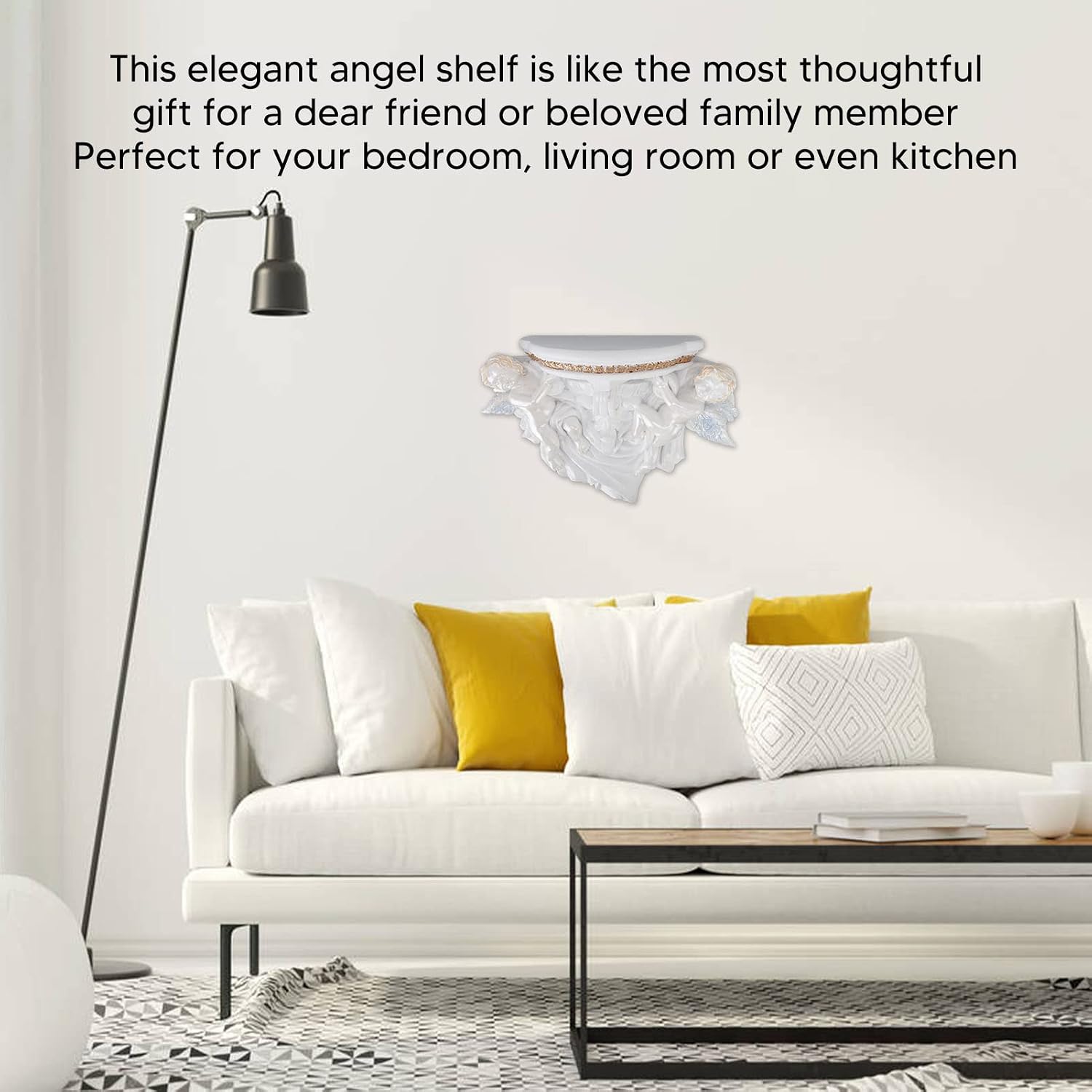 Agatige Resin Angel Wall Shelf, European Vintage Floating Shelf Wall Mounted Carving Art Ornament Rack for Bedroom Living Room Kitchen (Pure White Gold)
