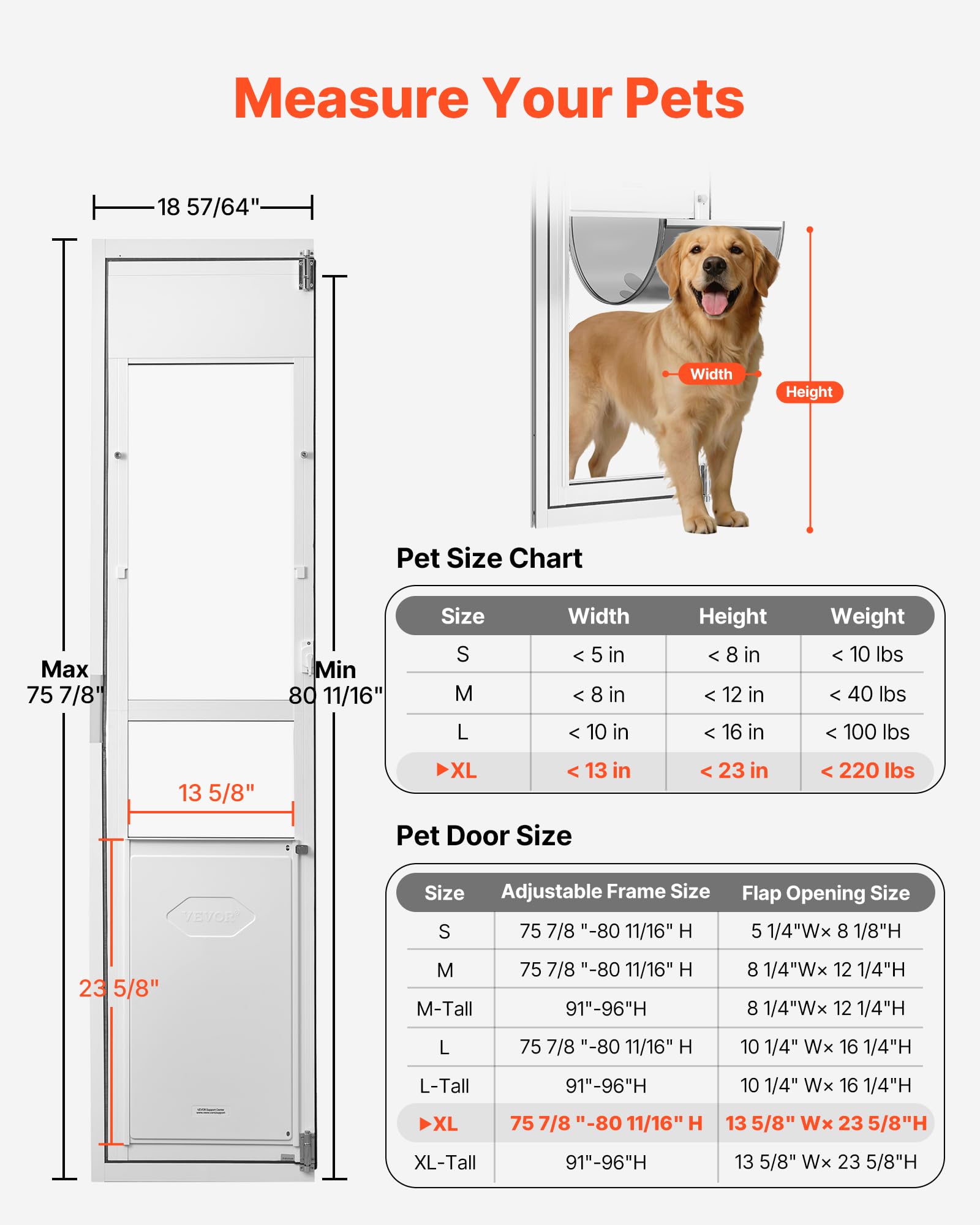VEVOR Puerta Abatible de Vidrio con Entrada para Perros, 180° Altura Ajustable, Marco de Aleación de Aluminio, Puerta para Mascota 34,6 x 60 cm con Cerradura Magnética, Compatible con Perros Grandes