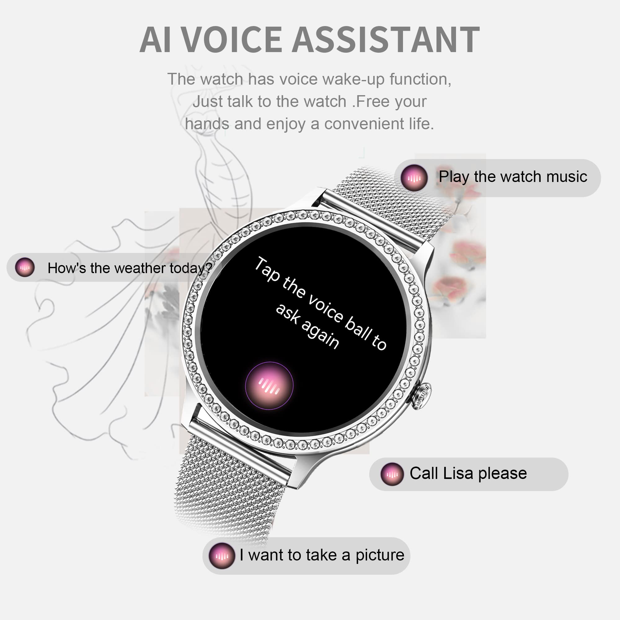 Montre Intelligente pour Femme, élégante avec Appel et Assistant Vocal, Tracker de Fitness étanche avec 20 Modes Sportifs pour Android et iOS