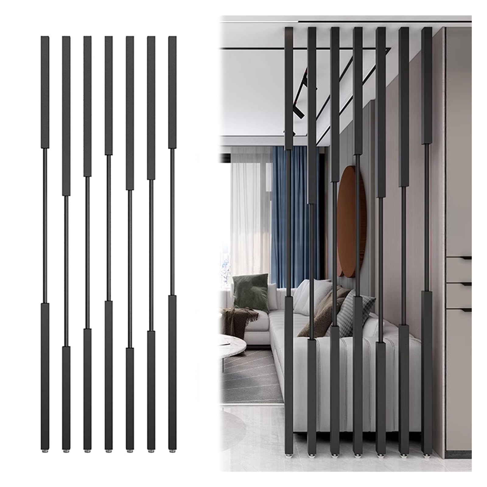 7 Piece Indoor Black Room Divider Post, Metal Standing Wall Partition Column for Room Separation/ Bedroom/ Office Cubicle Decor, 2.4 2.3 2.2 2.1 2 1.9 1.8 1.7 1.6 M Tall ( Color : 7pcs Black , Size :