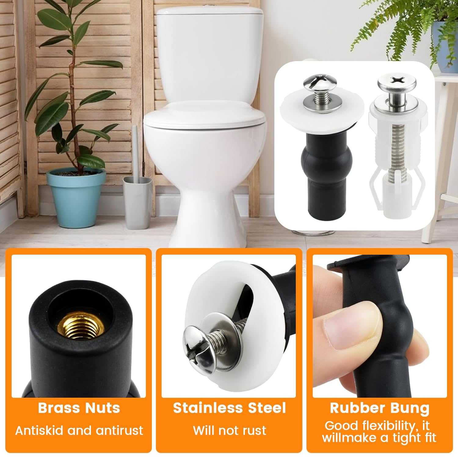 Aifeier ET 6 Pack Toilet Seat Bolts and Nuts Set | Universal Top Mounting Fixings Hardware with Expanding Rubber Nuts | For 14-16mm Hole Toilet Seat