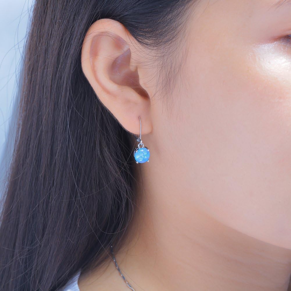 CiNily Round-Cut Opal Dangle Earrings, Green Fire Opal Rhodium Plated Women Jewelry Leverback Gemstone Drop Earrings - Image 2