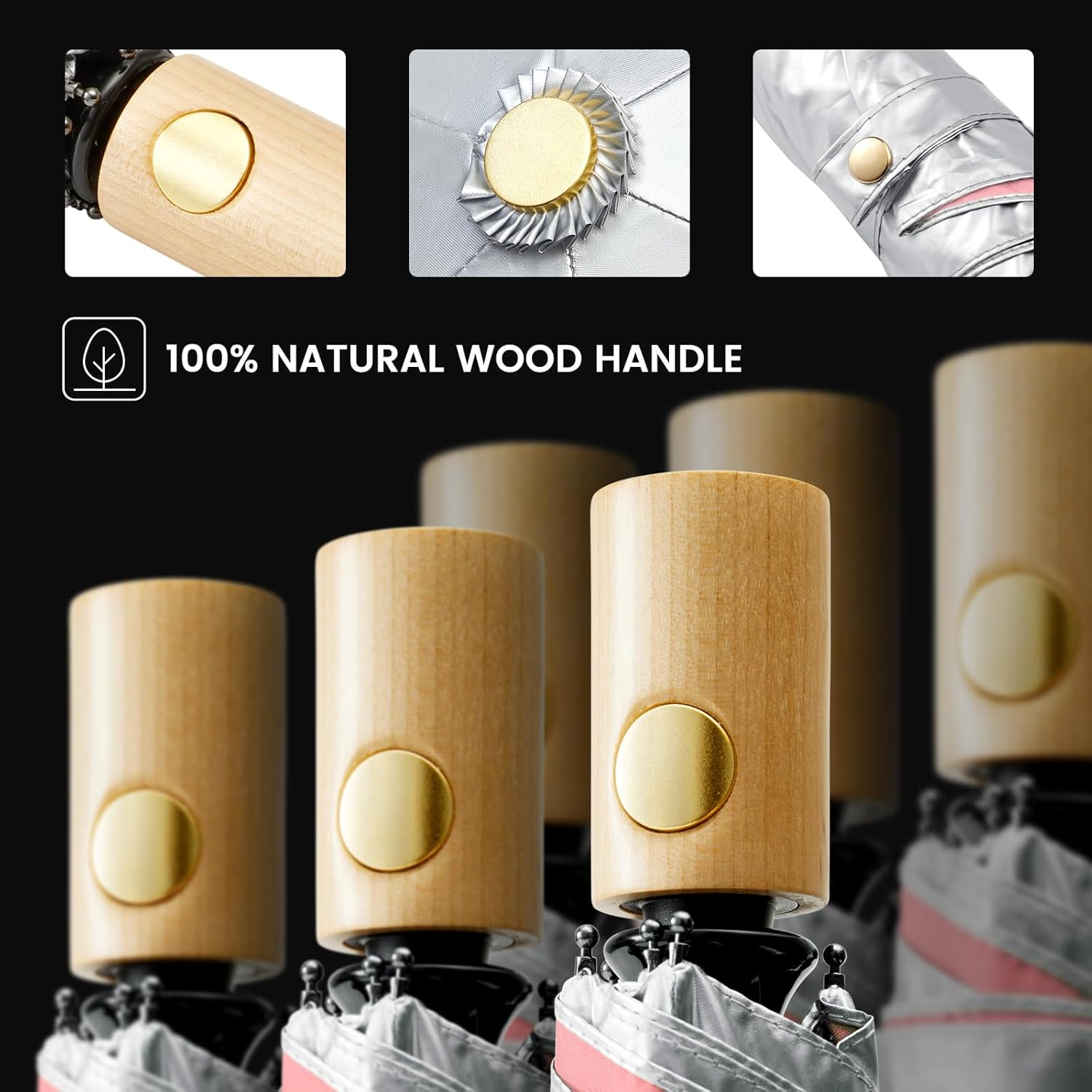 G4Free UPF 50+ UV Protection Travel Umbrella with Wooden Handle, 42 Inch Lightweight Sun Rain Folding Umbrellas Auto Open Close (Pink) - Image 8