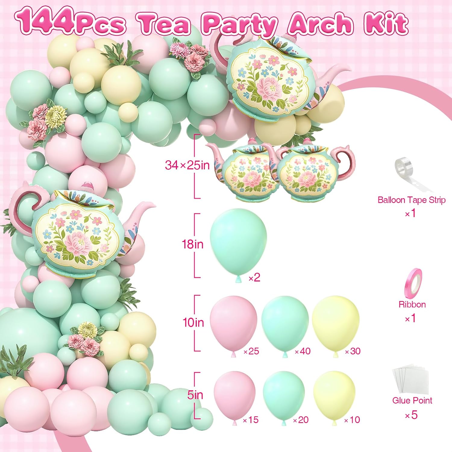 Tea Party Decorations 144Pcs Tea Party Pastel Balloons Garland Arch Kit in Maca Pink Blue and Yellow with Teapot Foil Balloon for Spring Tea Party Wedding Birthday Baby Shower - Image 2