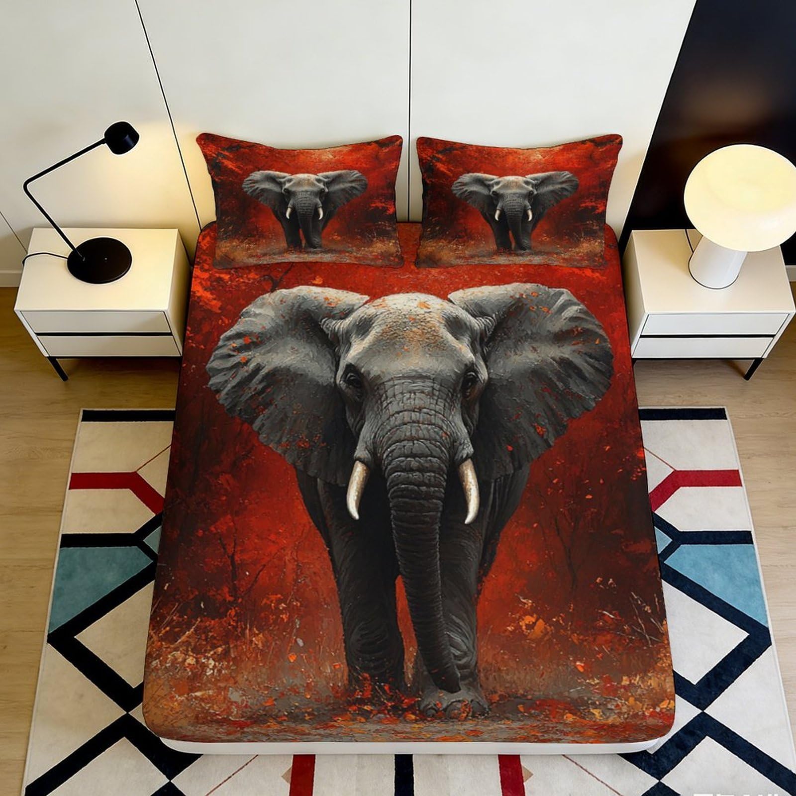 3D Printed Elephant Wildlife Fitted Sheet Microfiber Soft Non-Slip Red Forest Mattress Cover for Bedroom Guest Room Decor 140x200x25cm