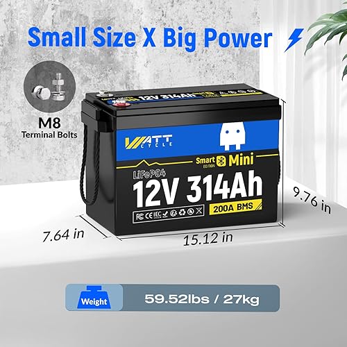 Miniatura 3 de WattCycle Mini batería de litio LiFePO4 de 12 V 314 Ah (equivalente a 300 Ah) - Bluetooth 5.0, 200 A BMS, 4.01 kWh de energía, aletas de