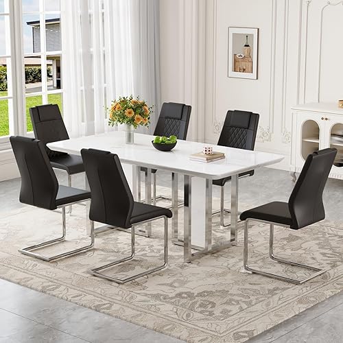 Miniatura 27 de Juego de mesa de comedor MEMUY para 8, 79" Juego de mesa de comedor de mármol falso para 8 con superficie brillante blanca, juego moderno de mesa de