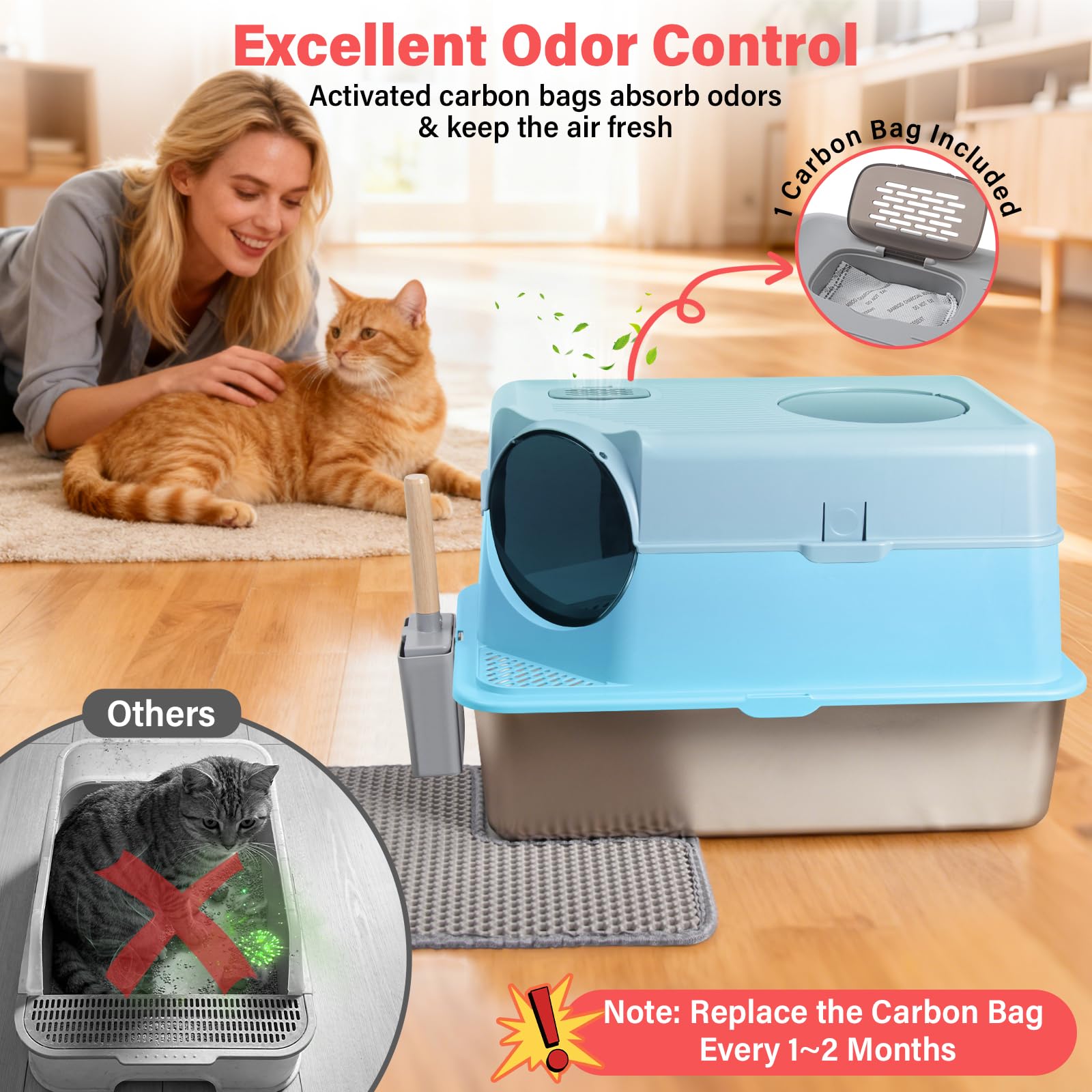 Enclosed Stainless Steel Cat Litter Box with Lid, XL Large Metal Litter Box Stainless Steel, Odor-Free/Anti-Leakage & Non-Stick/Easy Clean, High Sided Litter Box with Mat & Scoop for Big Cats - image 4
