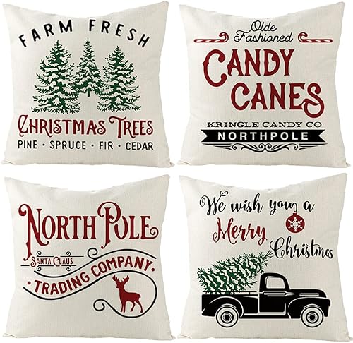 UBING 4 fundas de almohada navideñas de 18 x 18 pulgadas, fundas de almohada decorativas para sofá, banco, sala de estar, patio, decoración navideña