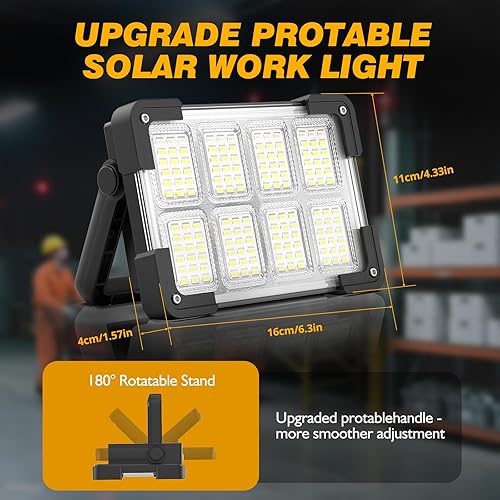 Miniatura 8 de Luz de trabajo solar recargable de 120 W, 144 LED 10000LM luz de trabajo LED con 4 modos, luz de inundación portátil con soporte, luz de trabajo al