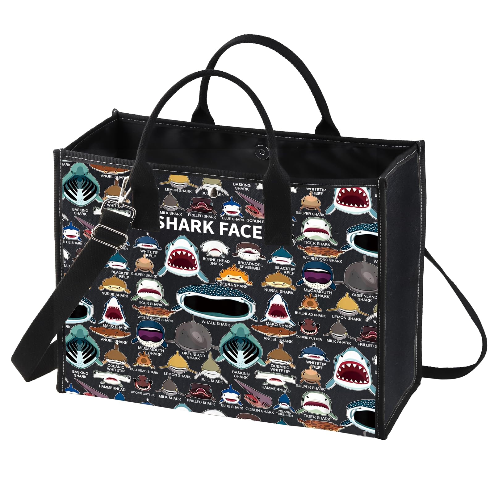 BWWKTOP Shark Face Canvas Tote Bag for Lovers - Reusable Grocery Bags, Merchandise, Bl Bg, L