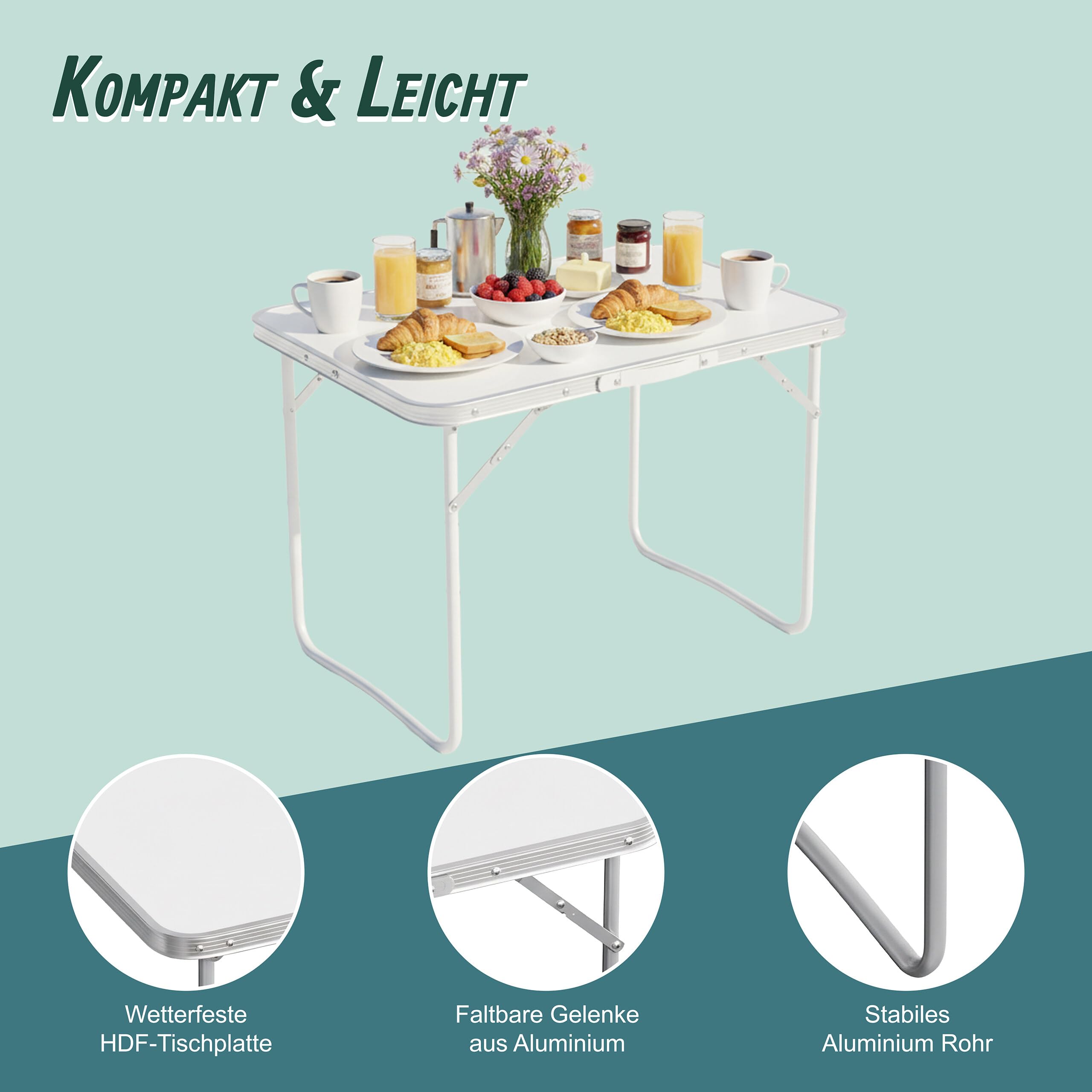 Relaxdays Campingtisch, Faltbarer Beistelltisch, HBT 68,5 x 70 x 50 cm, Camping & Picknick, Klapptisch Alu, weiß