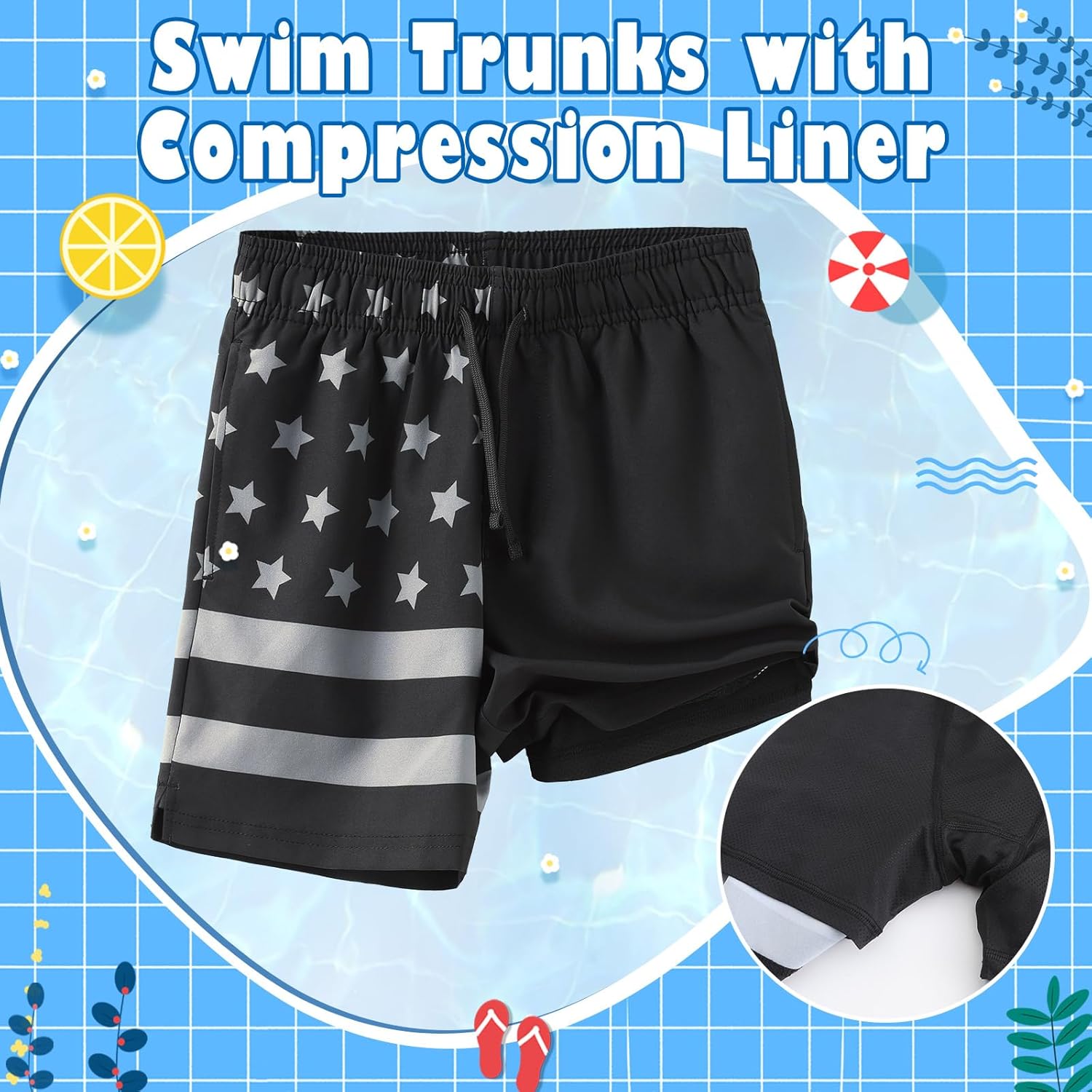 HODOSPORS Boys Swim Trunks with Compression Liner Swimsuit Bathing Suit Toddler Board Shorts