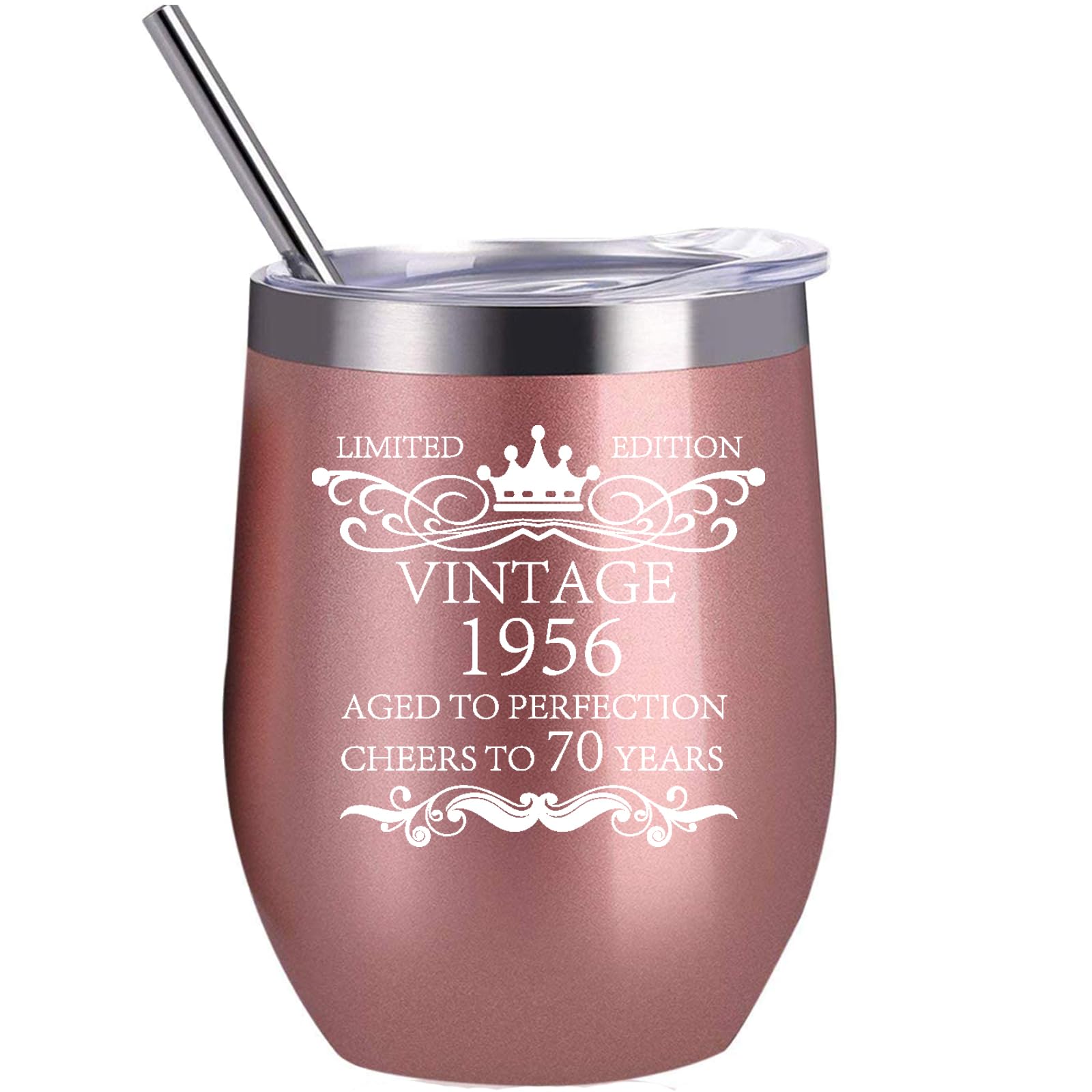 landskykit 1956 70th Birthday Gifts for Men Women 12 Ounce Rose Gold Stainless Steel Double Wall Vacuum Insulted Wine Tumbler with Lid Straw Cheers to 70 Years Old Birthday Anniversary Present (70)