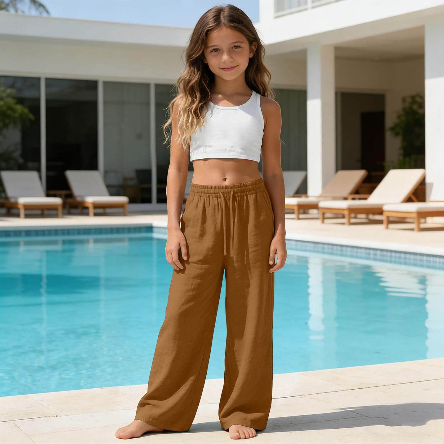 Wide Leg Pants for Girls Lightweight Wide Leg Casual Beach Trousers | Adjustable Drawstring, Breathable,Flowing Wide Leg, Side Slant Pockets, Boho Style, Beach Vacation Holiday Casual