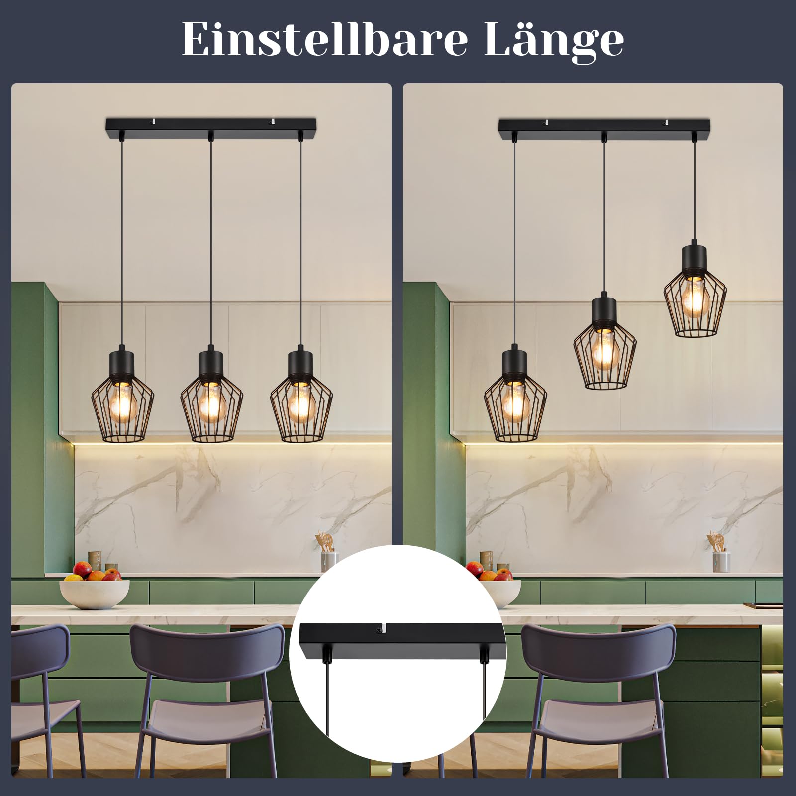 Pendellampe 3 Flammig Hängeleuchte Metall - Hängelampe Schwarz E27 Esszimmer Pendelleuchte Esstisch Küchenlampe Industrie LED für Flur Schlafzimmer Wohnzimmer Cafe