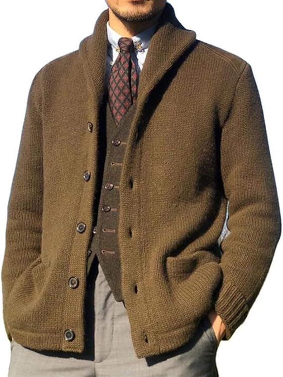 Amazon メンズコットンショールカラーカーディガン メンズスリムフィットニットボタンネックカーディガン セーター リブ付きエッジとポケットケケット付き長袖暖かいコートカーディガンセーター Color Dark Khaki Size Xxl カーディガン 通販