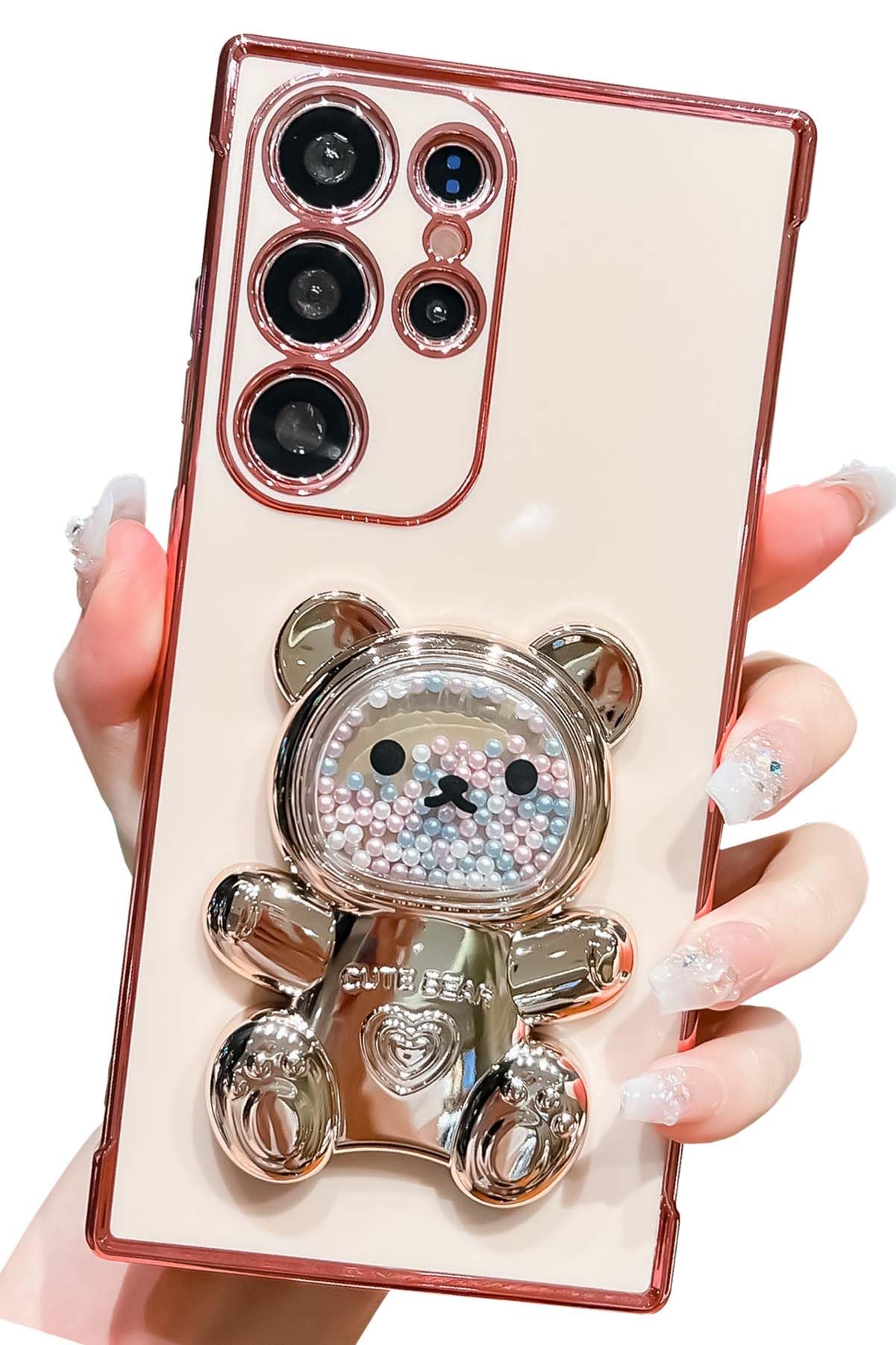 Kwhapoo Cute Compatible with Samsung Galaxy S22 Ultra 6.8 inch Stand Case,Luxury 3D Gold Color Beads Quicksand Girly Cartoon Bear Kickstand for Women,