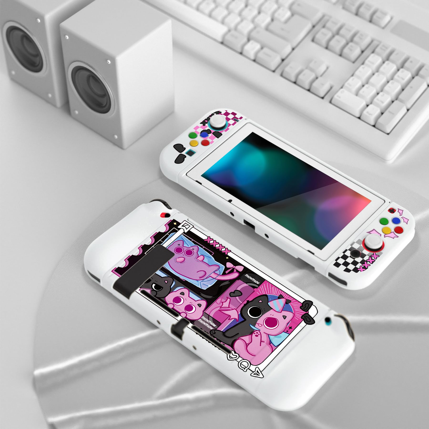 PlayVital ZealProtect Weiche Schutzhülle für Nintendo Switch Konsole Joy Con, Case Hülle Cover Zubehör für Switch mit HD Klar Schutzfolie&Sticks Kappen&ABXY Richtungstastenkappen(PP & VV) - 4
