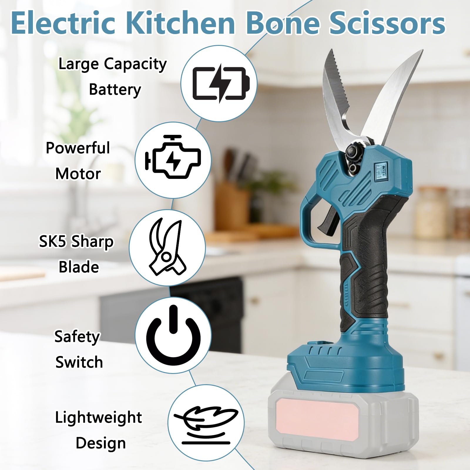 Elektrische Küchenknochenschere, Multifunktions-Küchenschere mit LCD-Display & SK5 Klinge, Fleischschere Geflügelschere für Hühnerknochen, Fleisch, Fisch, Meeresfrüchte, Gemüse - ohne Akku geliefert