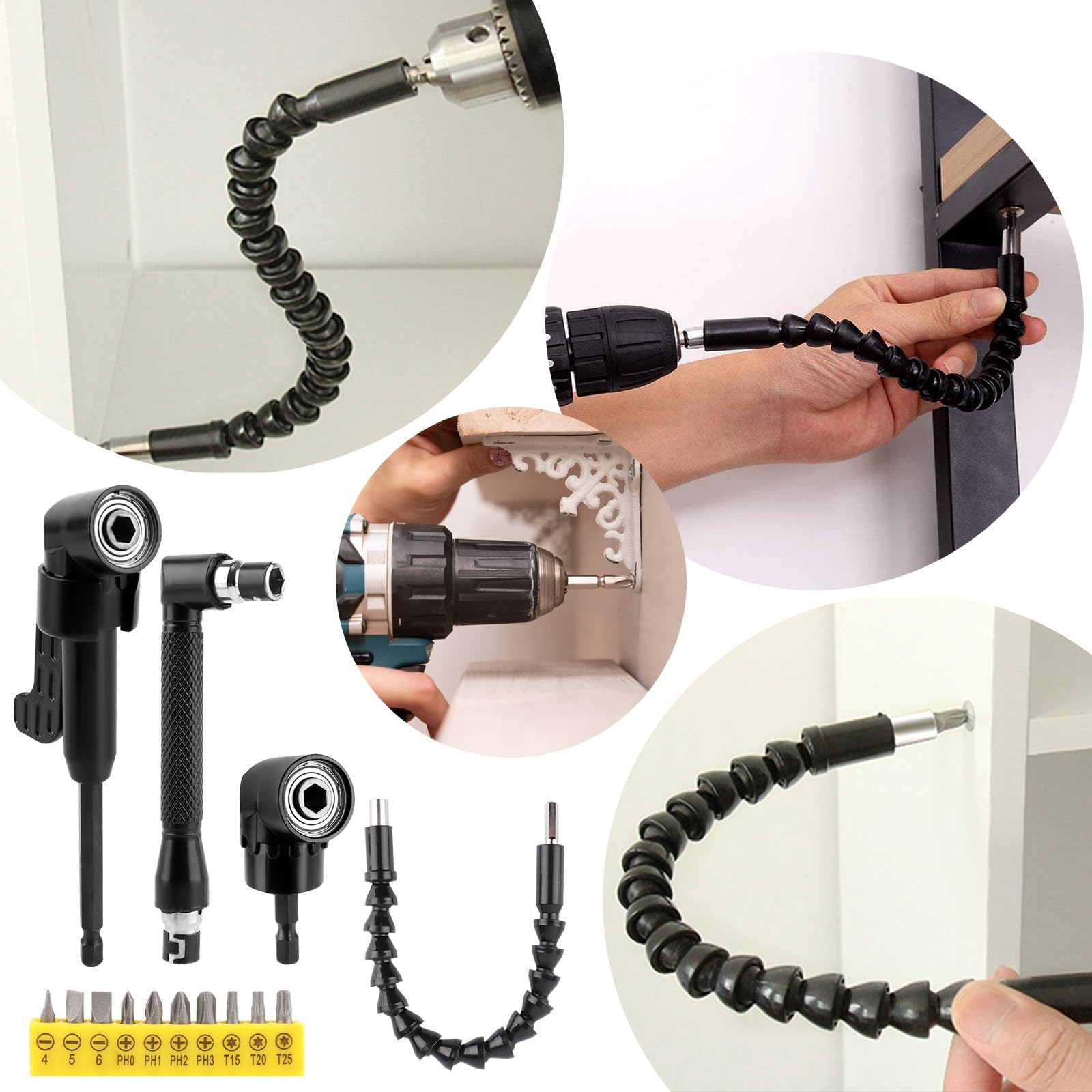 NVIYAM 14 Pezzi Trapano Mandrino Avvitatore Angolare Kit, 105 Gradi Prolunga Accessori Snodo Avvitatore, Prolunga Flessibile per Trapano Elettrico, Cacciavite a Angolo Retto