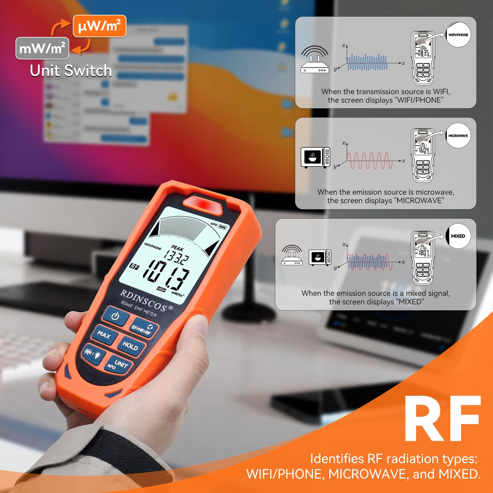 RDINSCOS Détecteur EMF, 3 en 1 Rayonnement électromagnétique pour EF MF RF, Détecteur Portable Numérique de Rayonnement pour Champs électromagnétiques pour la Maison, le Bureau et en Déplacement