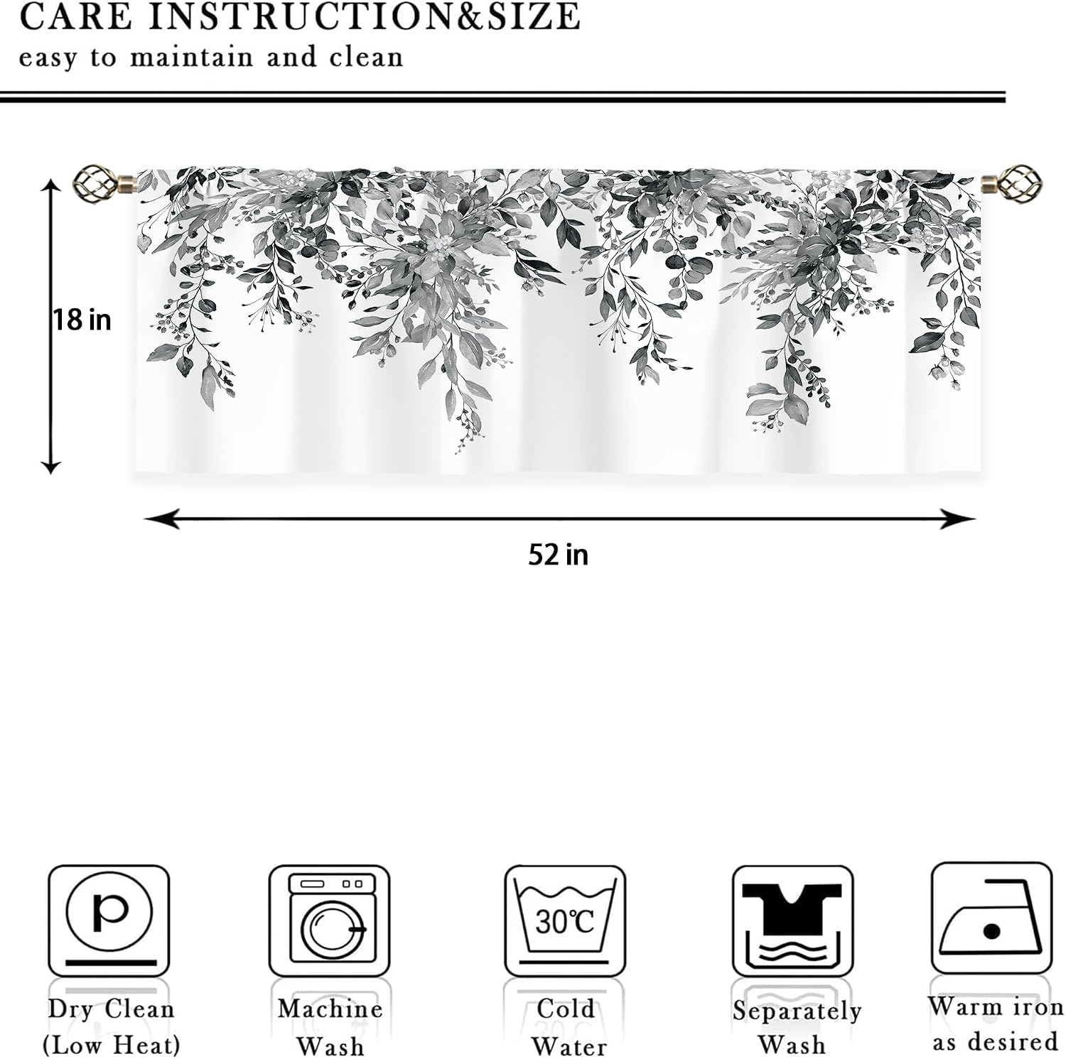 Grey Eucalyptus Botanical Leaves Small Short Kitchen Curtains Farmhouse Flower Window Curtains Valance and Tier Set 3 Piece 36 Inch Tier Treatment Curtain Boho Cafe Curtains for Bathroom