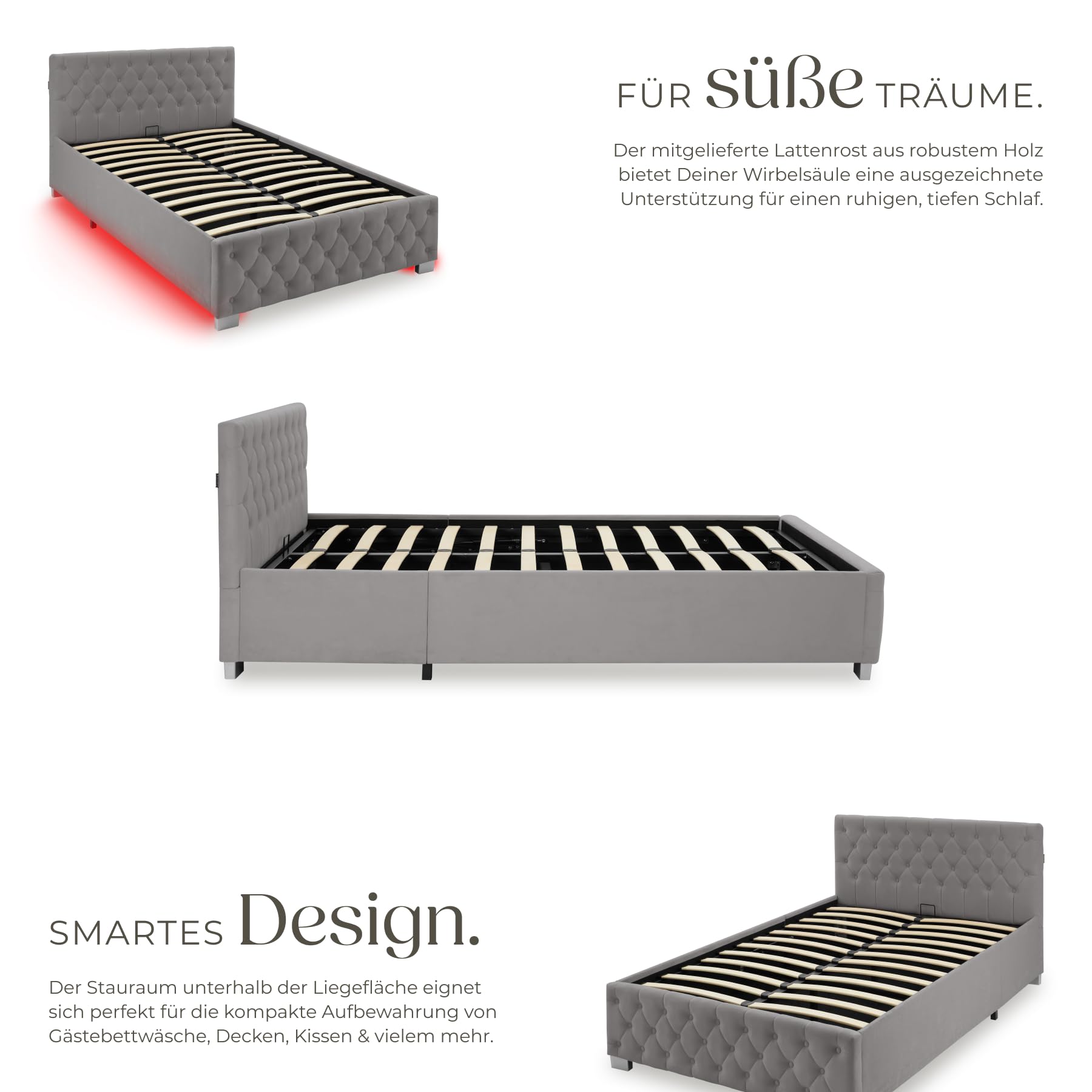 tectake® Polsterbett, 120x200cm, mit LED-Beleuchtung, 200kg Belastbarkeit, Stauraum, Gasdruckfeder, Chesterfield Samtbezug, Bettgestell, Lattenrost, Schlafzimmermöbel, Bettkasten - dunkelgrau