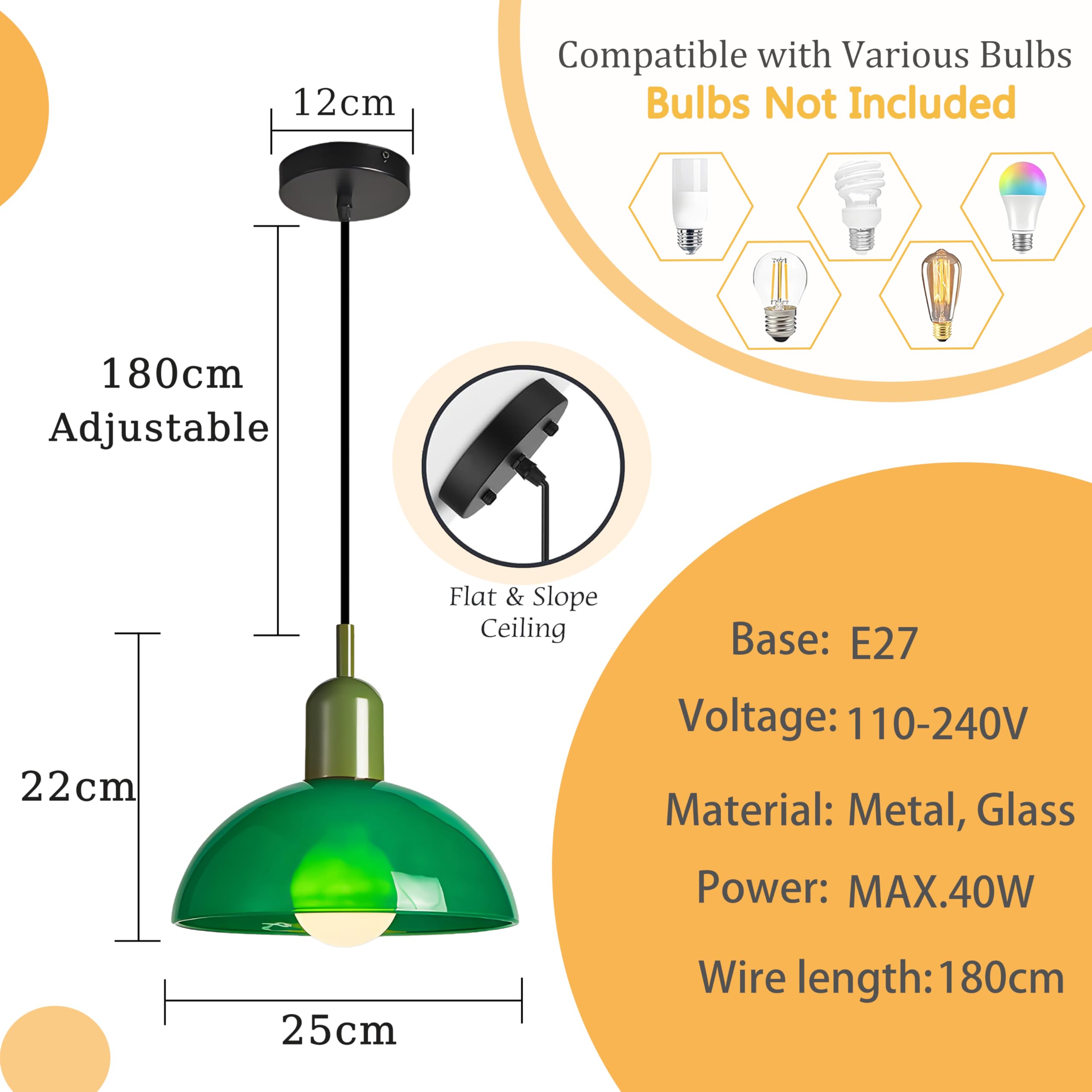 Lampada a Sospensione Moderno in Vetro a Cupola con Portalampada in Metallo, Altezza Regolabile, Lampadario da Soffitto Industriale E27 per Cucina, Sala da Pranzo, Caffè (Verde, 25cm)