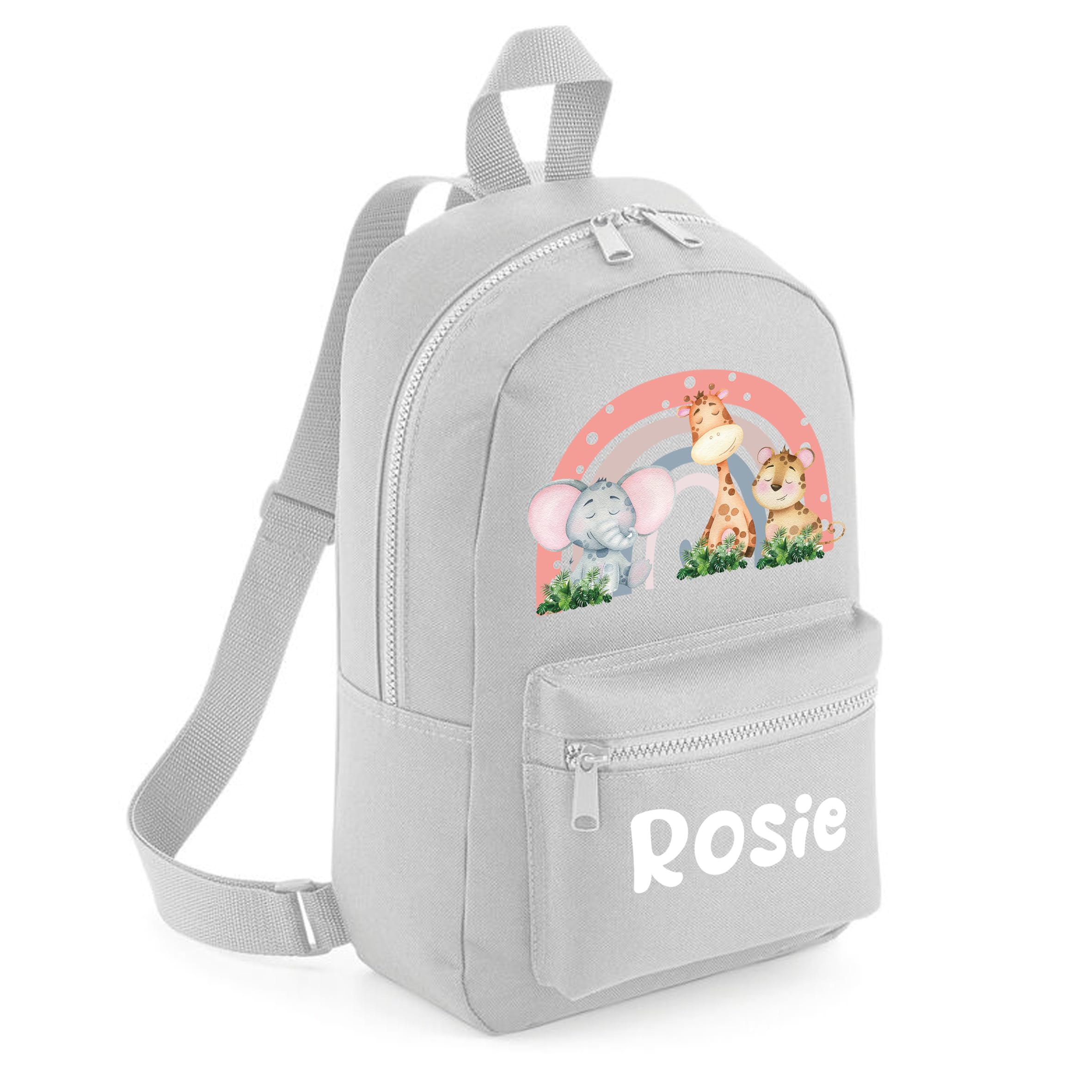 The Baby Box UK Personalised Girls Backpack Toddler Safari Rainbow Back Pack Childrens Rucksack (Grey)