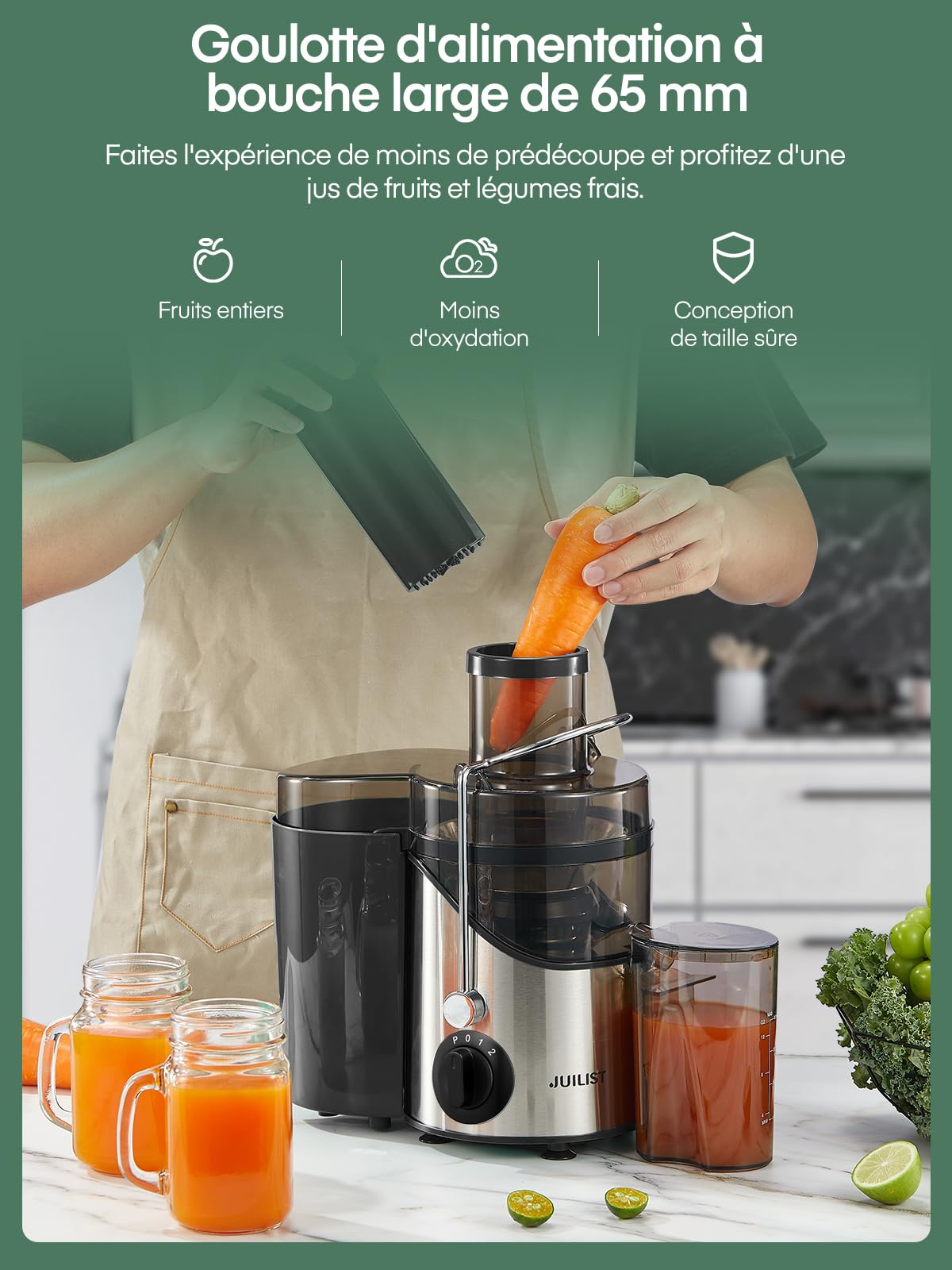 JUILIST Centrifugeuse Extracteur de Jus, pour fruits et Légumes, Goulotte d'Alimentation 65 mm, 3 Réglages, Avec Brosse de Nettoyage, Facile à Nettoyer, Sans BPA