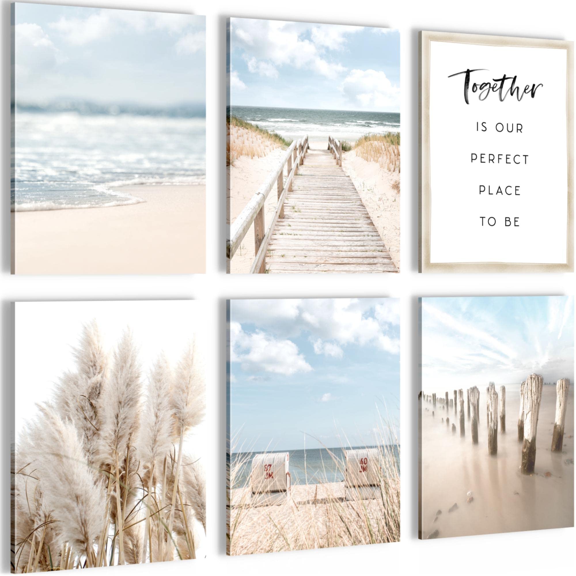 Novart- Tableau Décoration Murale- Plage et Mer- Decoration Chambre Salon- Prêt à être Accroché- 6 Cadres de 30x40 cm- Beige- N007865a