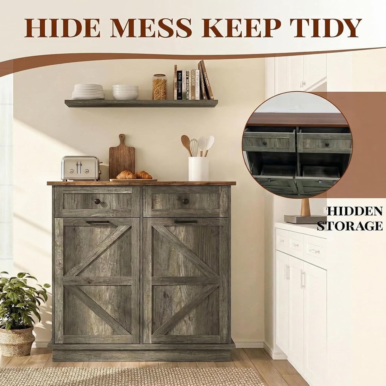Tilt Out Trash Can Cabinet for Kitchen, Double 10-Gallon Hidden Trash Cabinet with Drawer, Farmhouse Wooden Garbage Cabinet, Dog Proof Trash Can Storage for Kitchen Laundry Living Room Office, Gray