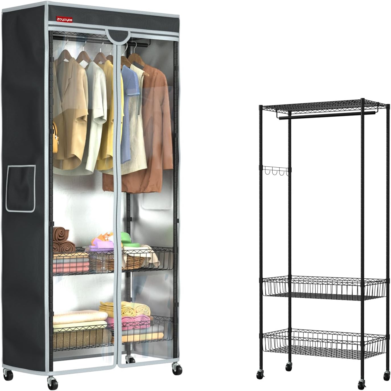 Garment Rack with Heavy Duty 600D Oxford Fabric Cover, Metal Clothes Rack on Wheels with 2 Storage Baskets & Side Hooks, Rolling Wardrobe Closet Organizer, Black, 31.5" W x 15.8" D x 72.1" H