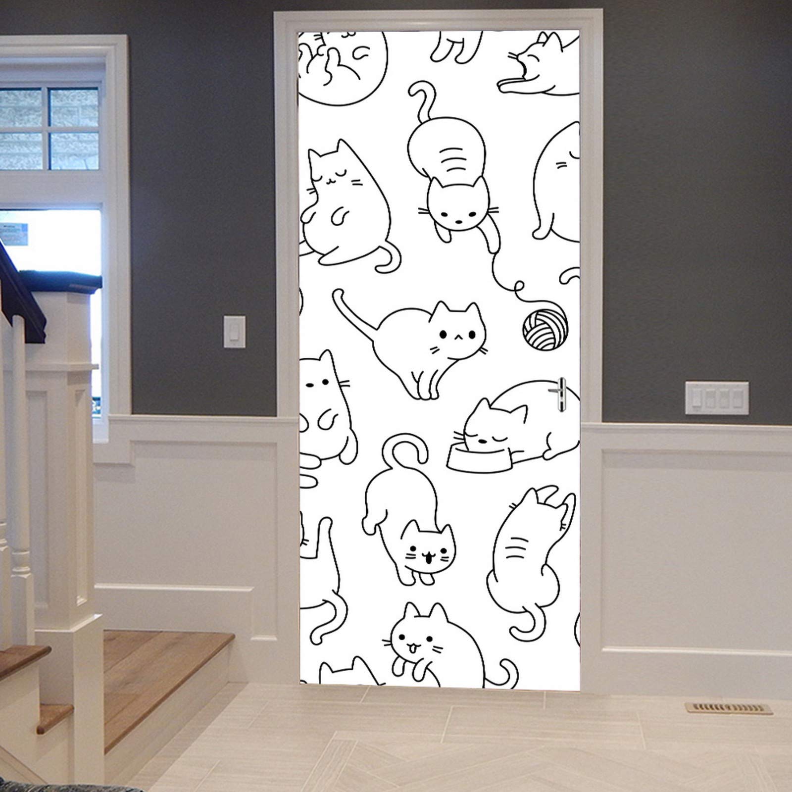 A.Monamour Sticker Porte Autocollant Poster de Porte 3D Thème Animal Mignon Chaton Blanc Chat Portrait Vinyle Affiche de Porte Sticker Mural Papier Peint Art Décor 77 x 200 cm