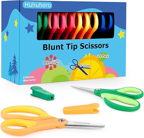Huhuhero Paquete de 24 tijeras para niños a granel, tijeras de seguridad pequeñas de 5 pulgadas, tijeras de punta roma, tijeras de agarre suave para