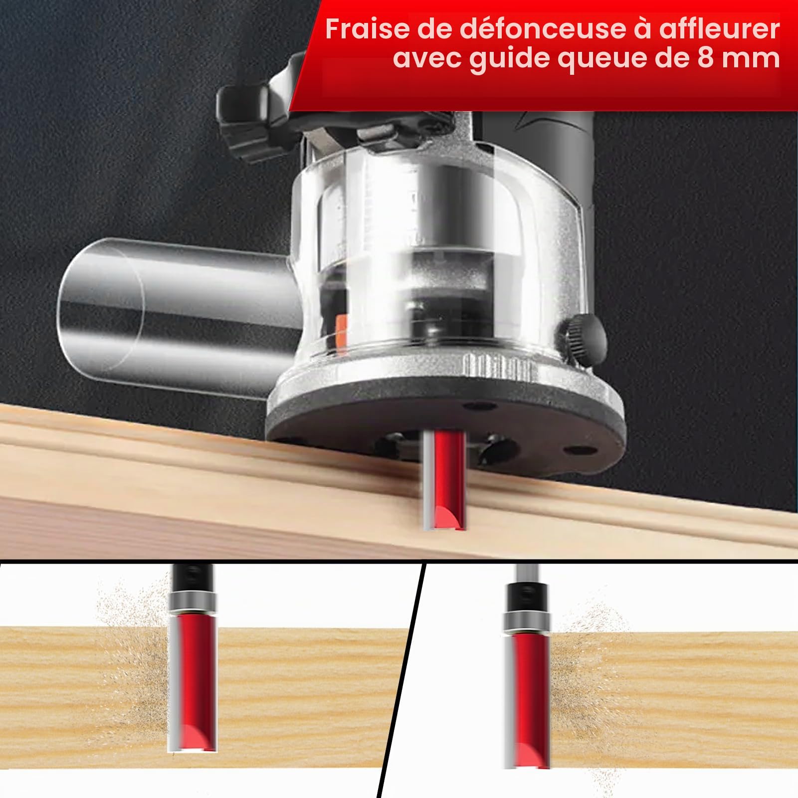 10 pièces Fraises à affleurer avec 2 embouts magnétiques à percussion, 6 roulements, 2 clés, Set de fraises à affleurer à tige de 8mm,Gabarit de perçage de charnière de 35 mm