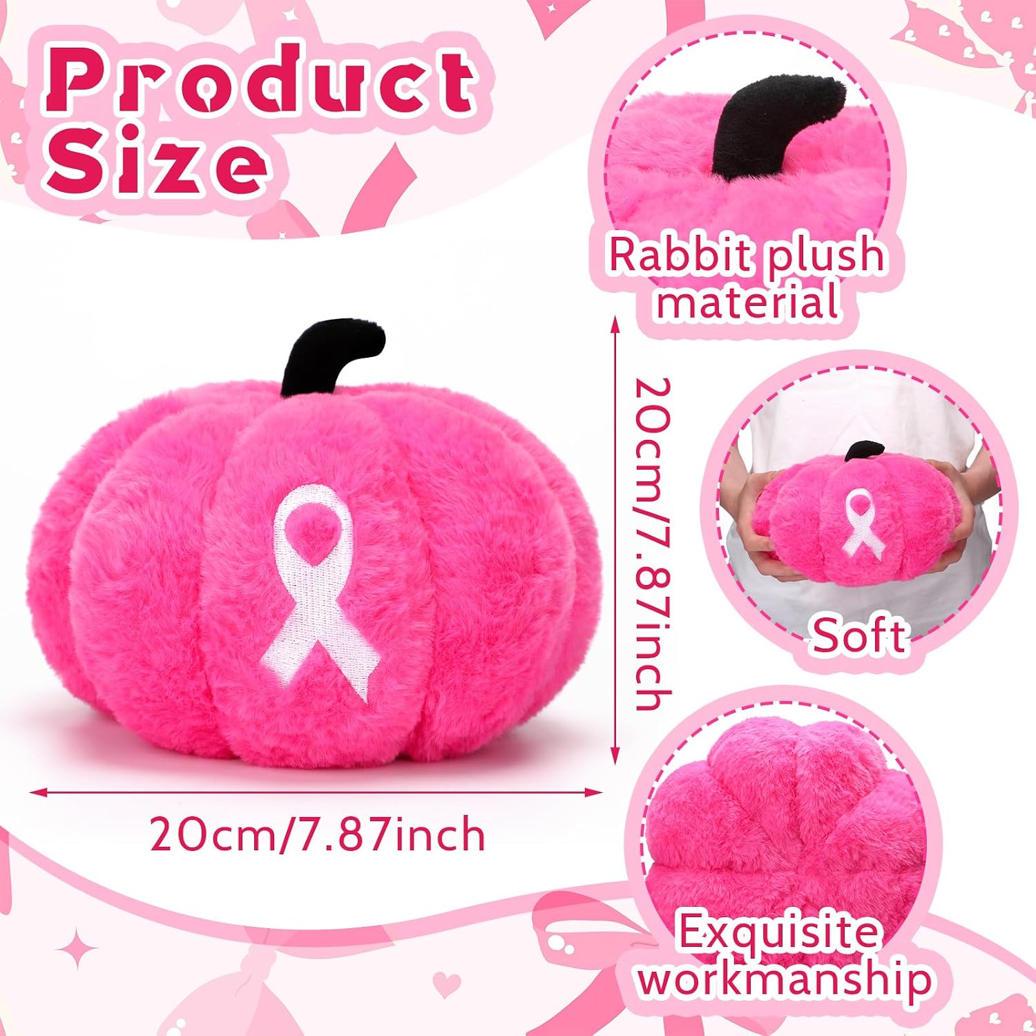 Yuntau 3 Pcs Breast Cancer Awareness Pumpkin Pillows 3D Pink Ribbon Plush Stuffed Pumpkin Sofa Throw Pillow Cushion for Breast Cancer Awareness Home Decor 7.87 Inch