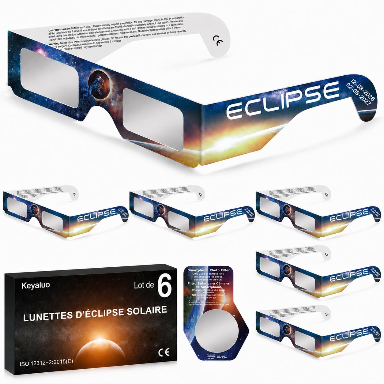 Keyaluo Lunettes eclipse solaire approuvées AAS 2026 lot de 6 lunettes pour eclipse solaire pour une observation directe du soleil - Certifiées ISO 12312-2:2015(E) & CE
