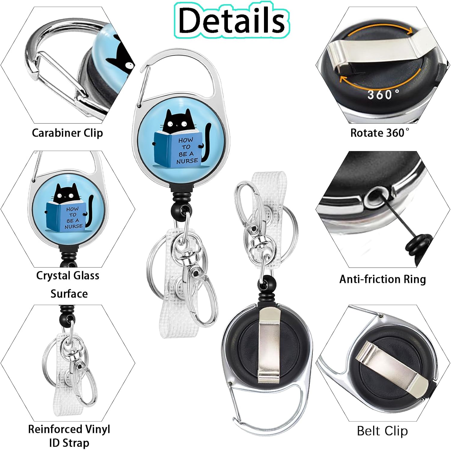 Bookish Black Cat Reading Desk Set – Round Mouse Pad with Precision Stitching + Retractable Badge Reel with 360° Swivel Clip & Key Ring, Waterproof & Portable Office Gifts image 5