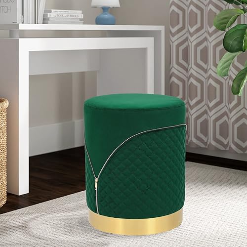 Miniatura 4 de Asense Taburetes tapizados otomanos redondos de terciopelo con base chapada en oro, taburete de maquillaje para sala de estar, dormitorio, Redondo