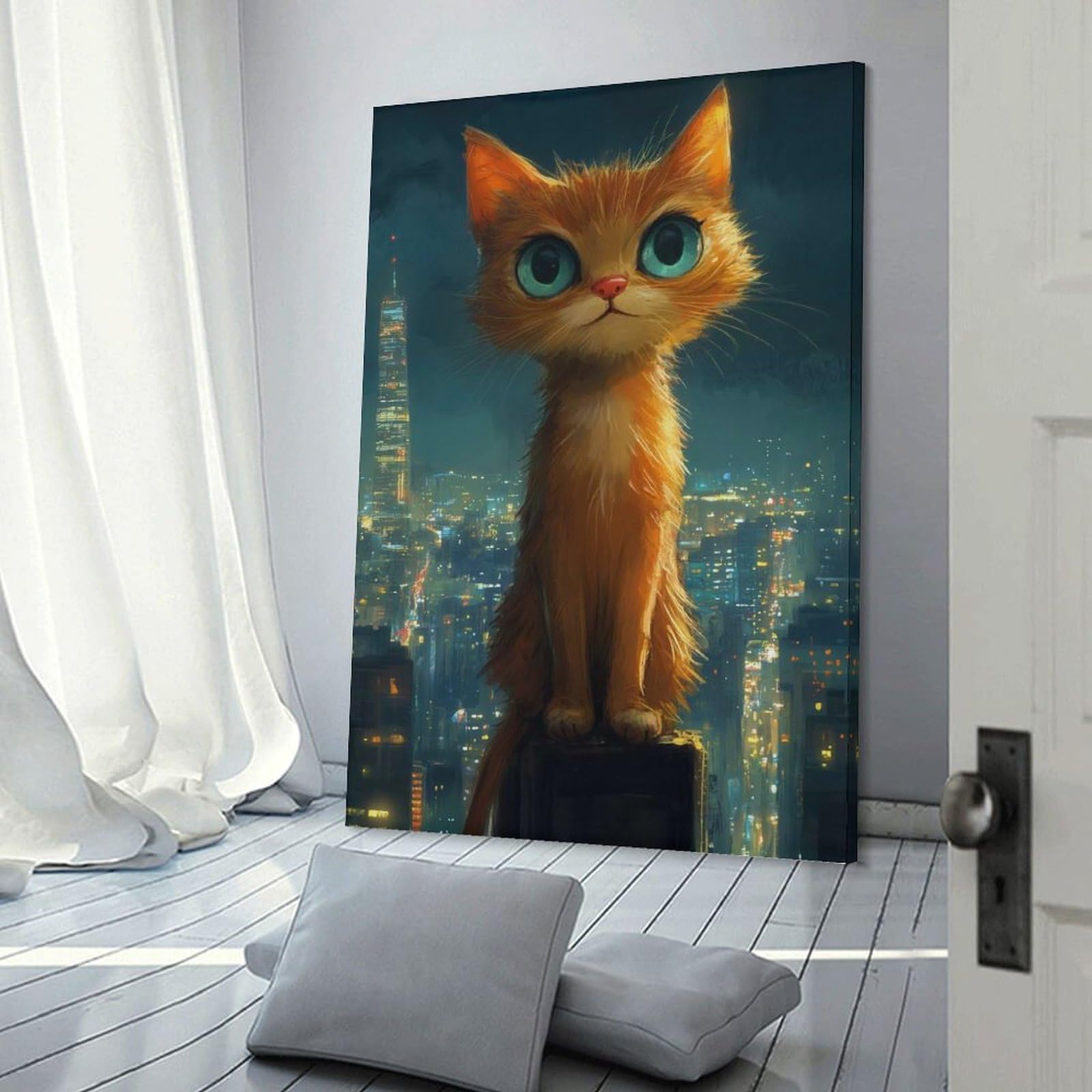Junmoney Cat on City Rooftop Canvas Wall Decor 20x30inch(50x75cm), for Calm Bedrooms, Home Corners Or Flats, A Warm Accent for Relaxed Interiors