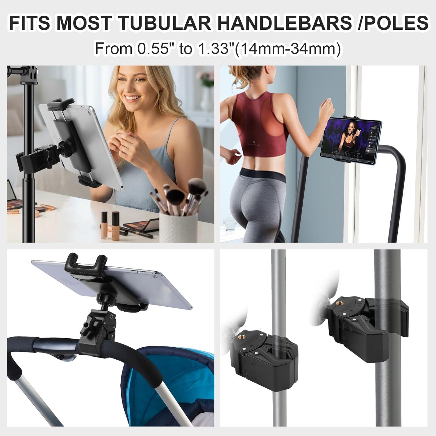Spin Bike Tablet Holder Mount, iPad Phone Holder Stand Exercise Bike Handlebar Mount for Stationary Bicycle, Treadmill, Tripod, Microphone Stand Fit for iPad Pro, iPad, Galaxy Tabs, iPhone (4.7-12.9")