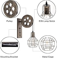 Vista 6 de 1 Luminaria Industrial de Mediados de Siglo Retro de Hierro para Pared con Polea Elevadora, Lámpara de Pared que Presenta Pantalla de Jaula