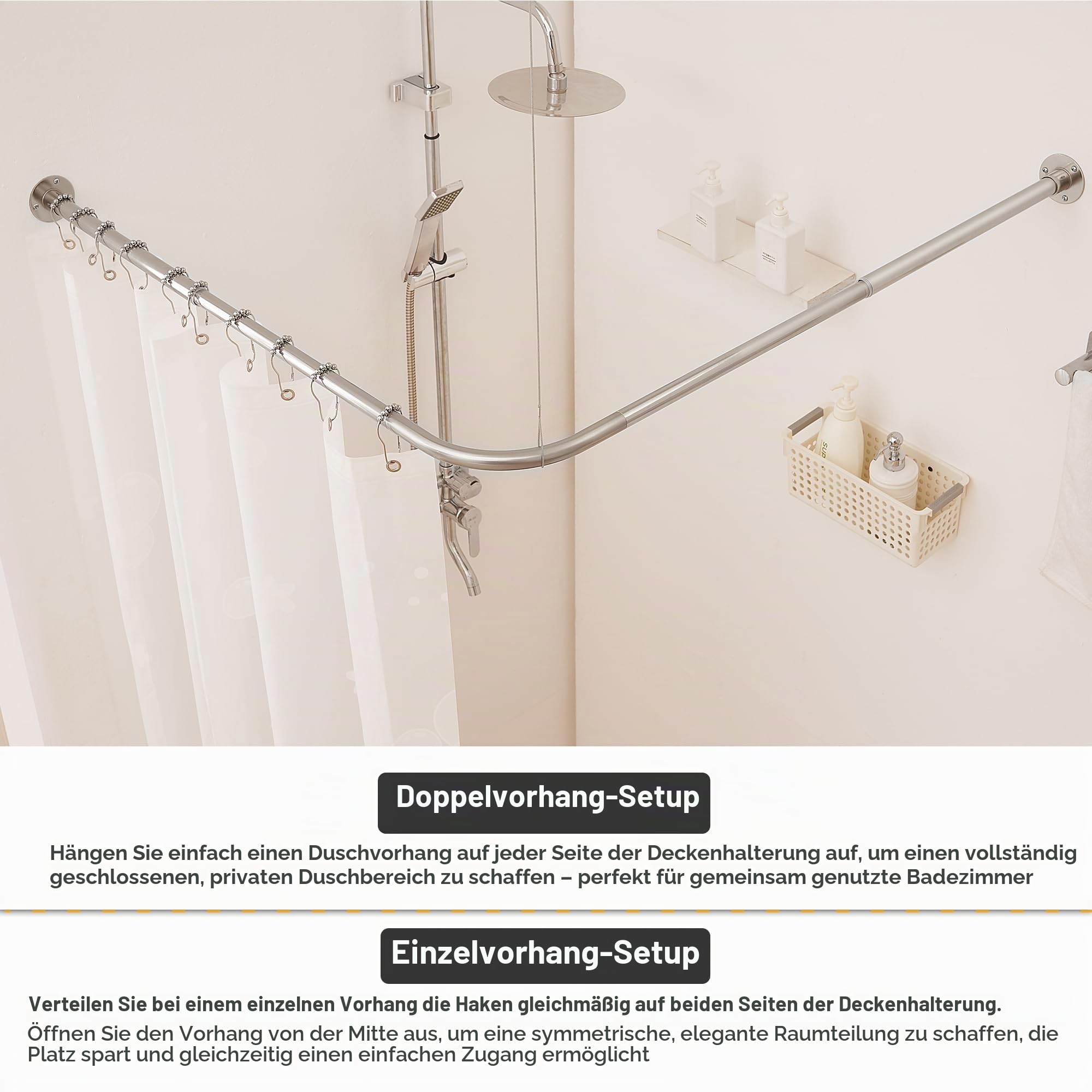 Duschvorhangstange L form [100-172 cm] x [140-212 cm] Extra Lange Eckduschstange 90° Grad Duschstange verstellbar für Badewanne, Dusche & Außenbereich mit 12 Haken & Deckenstütze